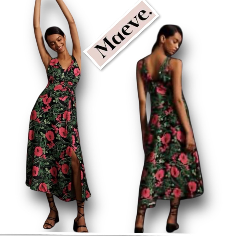 Maeve Black Maxi Dress with Pink Floral Print